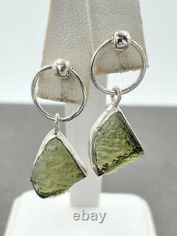 Estate 925 Sterling Natural Czech Moldavite Meteorite Impact Glass EarringsVIDEO