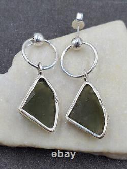 Estate 925 Sterling Natural Czech Moldavite Meteorite Impact Glass EarringsVIDEO