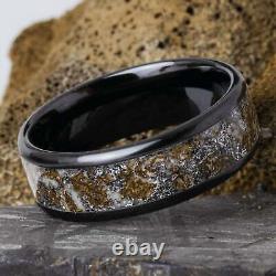 Fused Impact Dinosaur Meteorite Glow Ring, Black Ceramic Mens Wedding Band 8mm