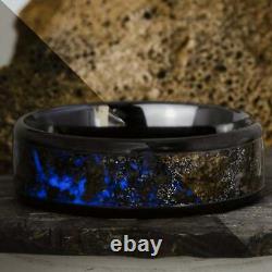 Fused Impact Dinosaur Meteorite Glow Ring, Black Ceramic Mens Wedding Band 8mm