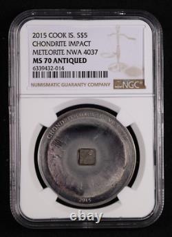 Météorite d'impact de chondrite de 2015 NWA 4037 pièce en argent de 5 $ Cook Islands NGC MS70